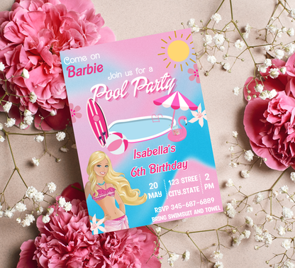 Barbie Pool Pink Birthday Invitation | Glam Summer Party | Editable Digital Invite