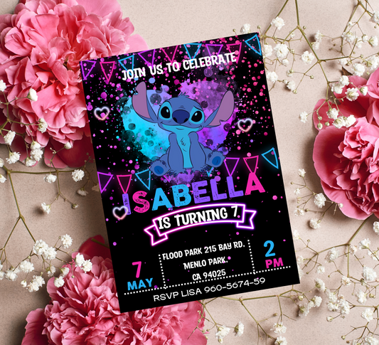 Neon Stitch Birthday Party Invitation | Glow Party Invite | Editable Canva Template | Bright Cute Printable Birthday Invitation