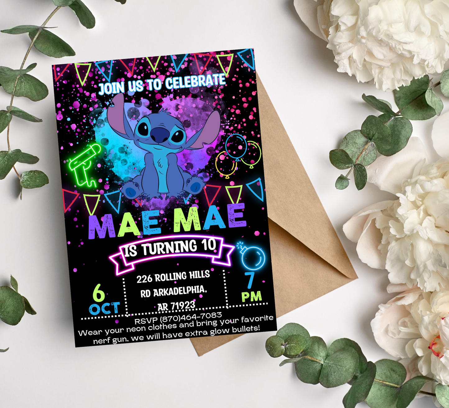Stitch Neon Nerf Gun Birthday Invitation | Glow Party Battle Invite | Editable Template