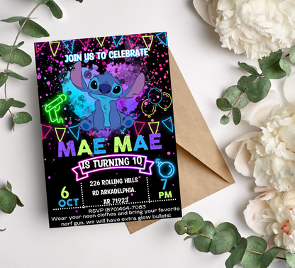 Stitch Neon Nerf Gun Birthday Invitation | Glow Party Battle Invite | Editable Template