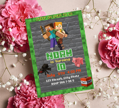 Minecraft Kids Birthday Invitation | Pixel Game Party Invite | Editable Digital Template