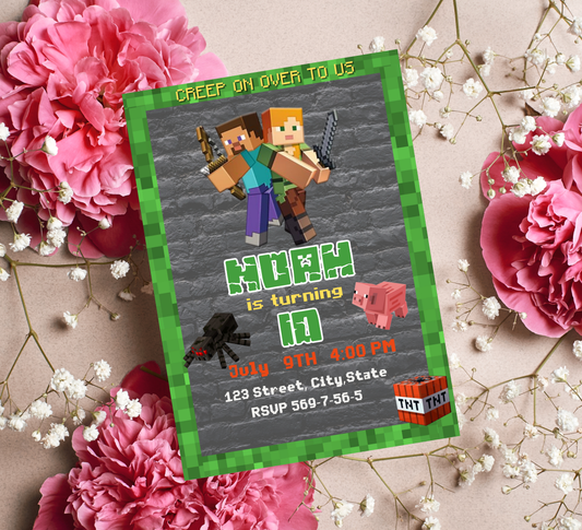 Minecraft Kids Birthday Invitation | Pixel Game Party Invite | Editable Digital Template