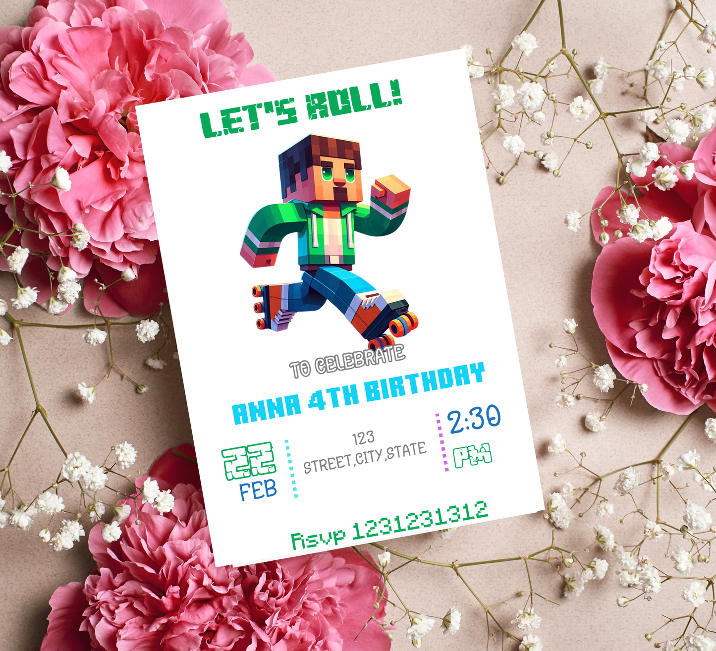 Minecraft Roller Skating Birthday Invitation | Kids Glow Skate Invite | Editable Canva Template