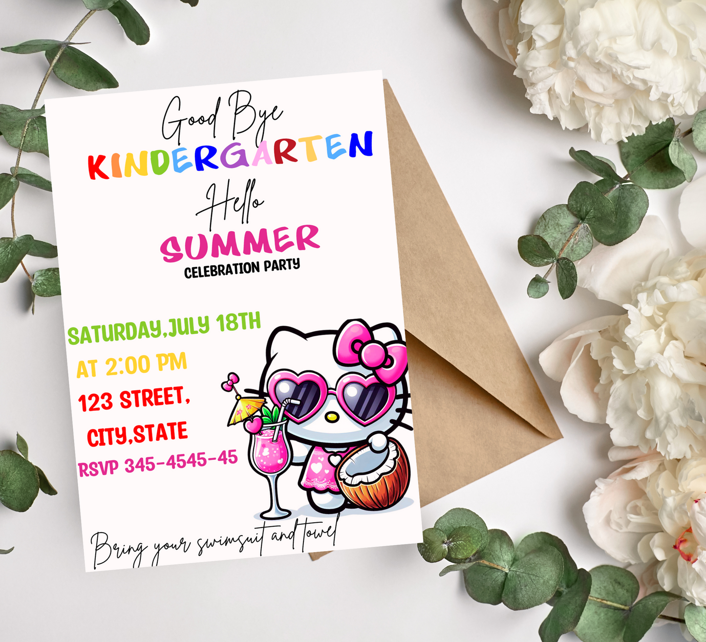 Hello Kitty Goodbye Kindergarten Hello Summer Pool Party Invitation | Cute End of School Invite | Editable Canva Template | Kawaii Summer Swim Invitation