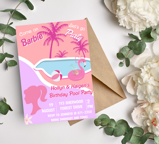Barbie Pool Pink Birthday Invitation | Editable Canva Template | Summer Swim Party Invite | Printable Girls Birthday Invitation