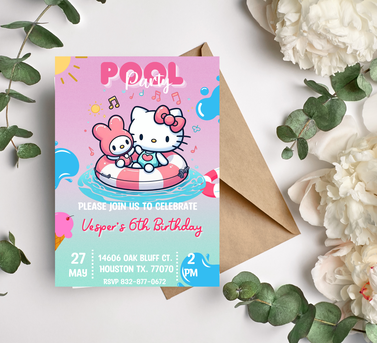 Hello Kitty & My Melody Pool Birthday Invitation | Kawaii Summer Swim Party | Editable Canva Template
