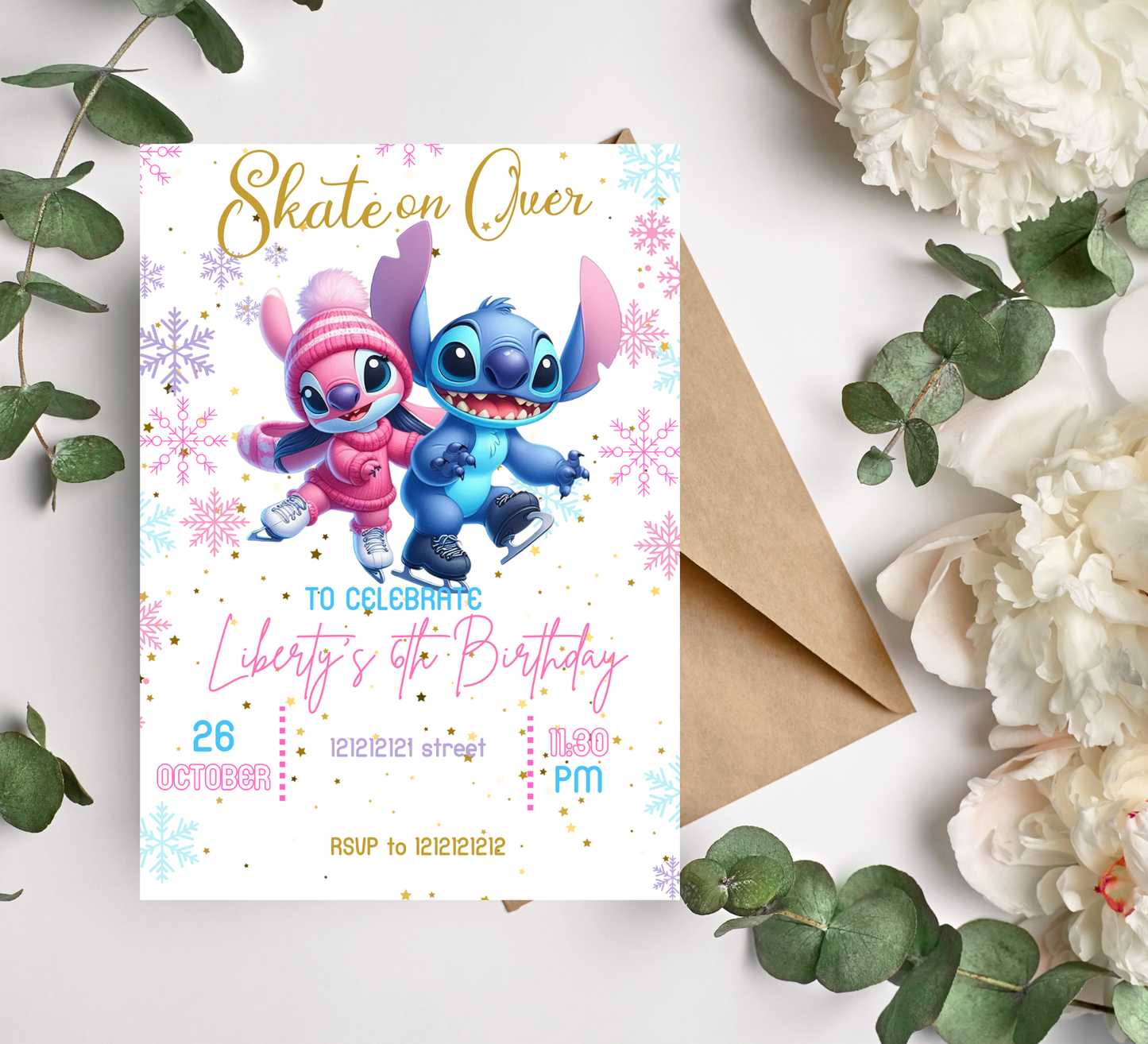 Angel & Stitch Winter Ice Skating Birthday Invitation | Cute Winter Party | Editable Template