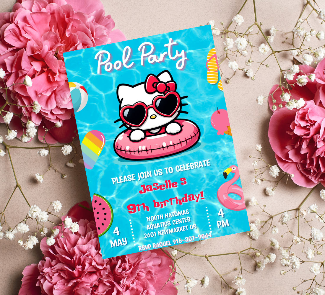 Hello Kitty Blue Pool Party Birthday Invitation | Kawaii Summer Swim Invite | Editable Canva Template | Cute Printable Birthday Invitation