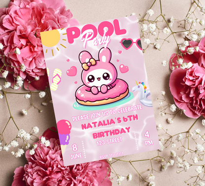 My Melody Pink Pool Birthday Invitation | Kawaii Summer Party Invite | Editable Canva Template | Cute Poolside Birthday Printable