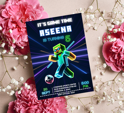 Minecraft Neon Football Invite | Boy’s Soccer Birthday Canva Template