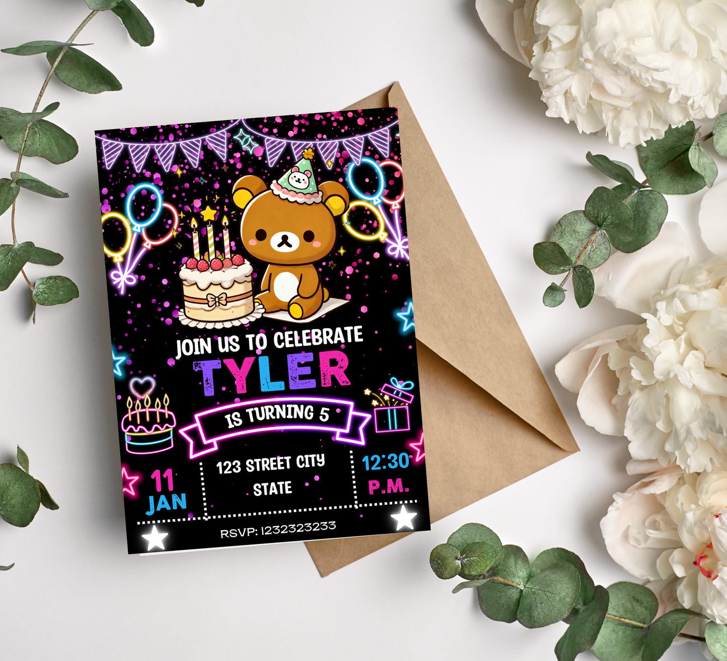 Rilakkuma Kawaii Neon Birthday Invitation | Cute Glow Party Invite | Editable Canva Template | Neon Bear Birthday Printable