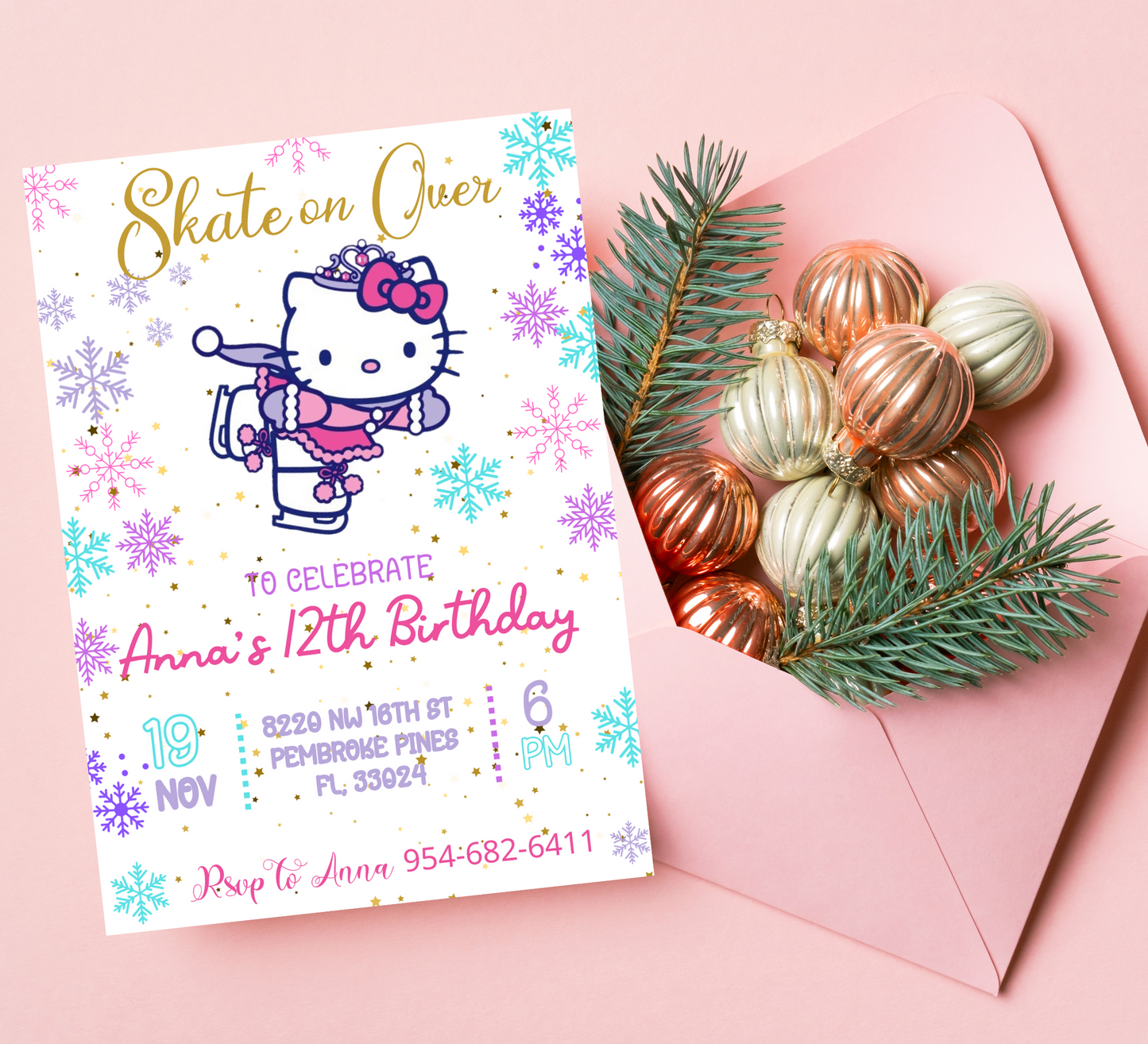 Hello Kitty Ice Skating Winter Birthday Invitation | Editable Canva Template | Snowy Slumber Party Invite | Printable Kids Birthday Invitation