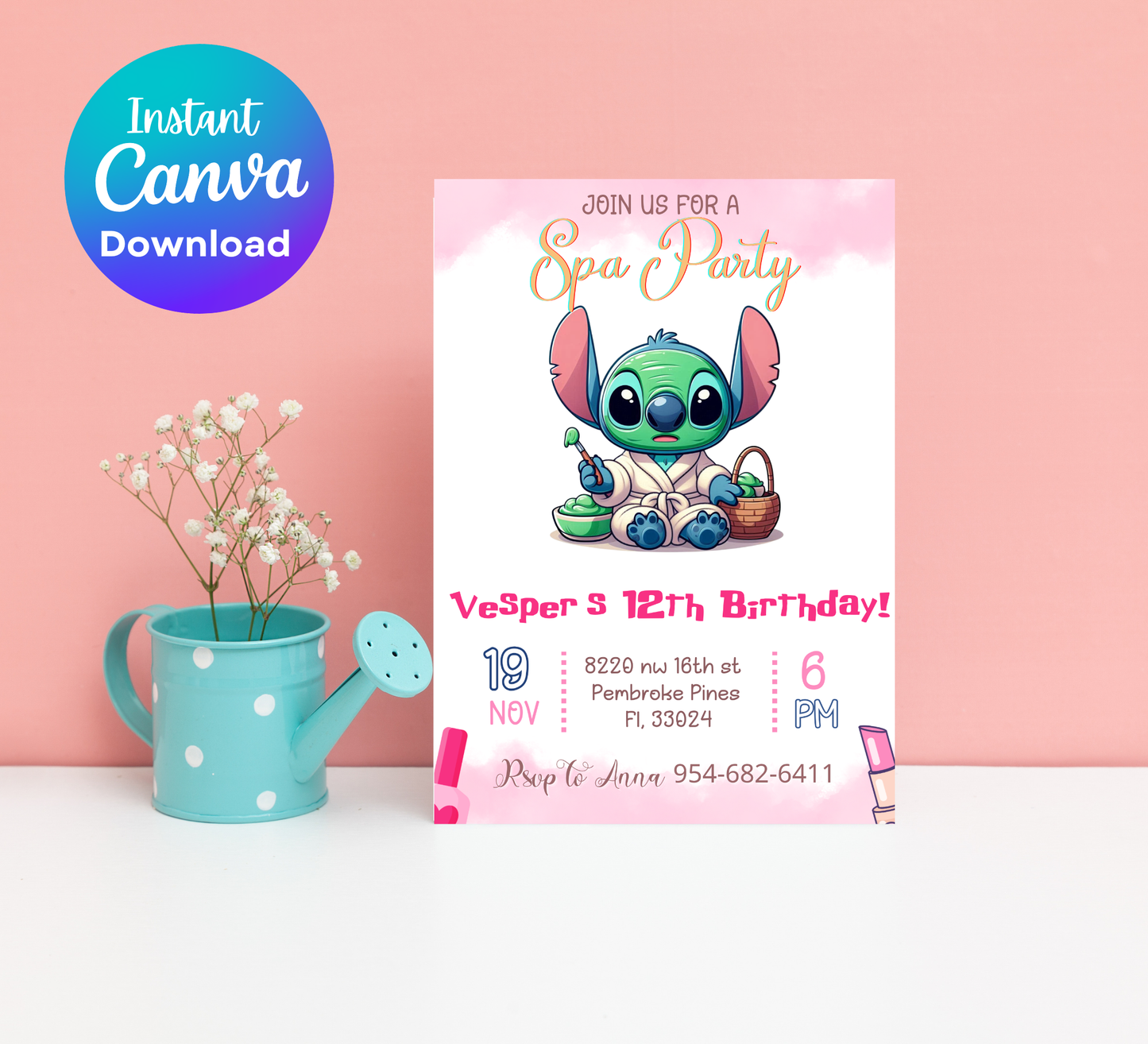 Stitch Sleepover Spa Pajamas Party Birthday Invitation | Kawaii Slumber Party Invite | Editable Canva Template | Cute Printable Kids Birthday