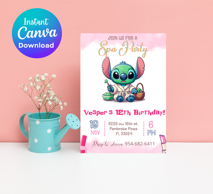 Stitch Sleepover Spa Pajamas Party Birthday Invitation | Kawaii Slumber Party Invite | Editable Canva Template | Cute Printable Kids Birthday
