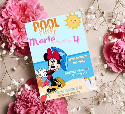 Minnie Mouse Pool Birthday Party Invitation | Pink Summer Swim Party | Editable Canva Template