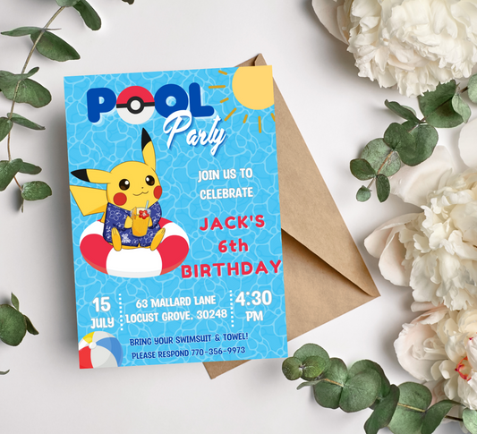 Pikachu Pokémon Pool Birthday Invitation | Summer Swim Party Invite | Editable Canva Template | Printable Kids Birthday Invitation