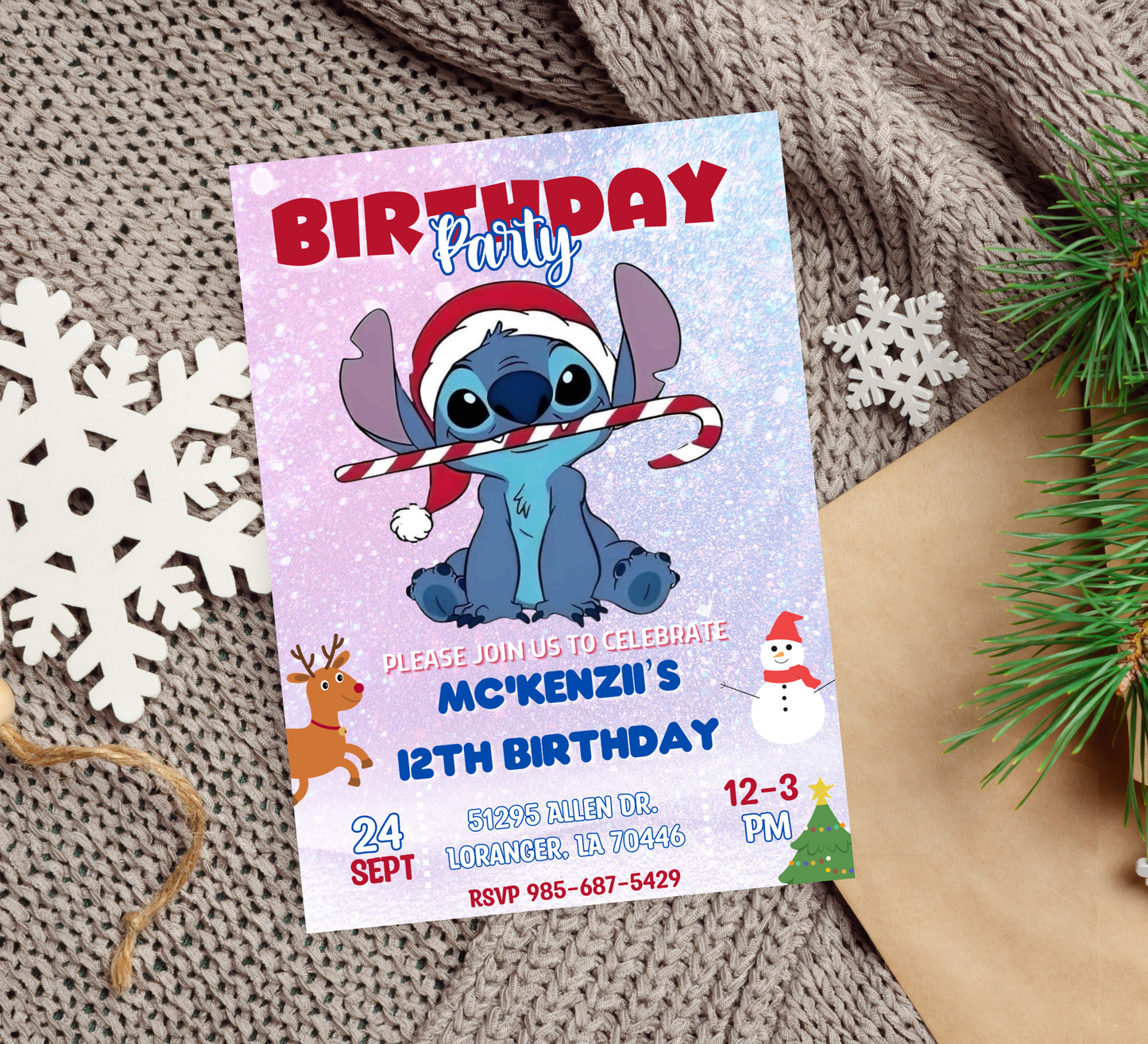Stitch Christmas Winter Birthday Invitation | Cute Holiday Party Invite | Editable Template