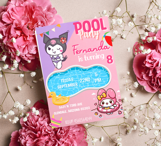 Kuromi & My Melody Kawaii Pool Birthday Invitation | Cute Summer Swim Party | Editable Canva Template | Printable Anime Birthday Invite