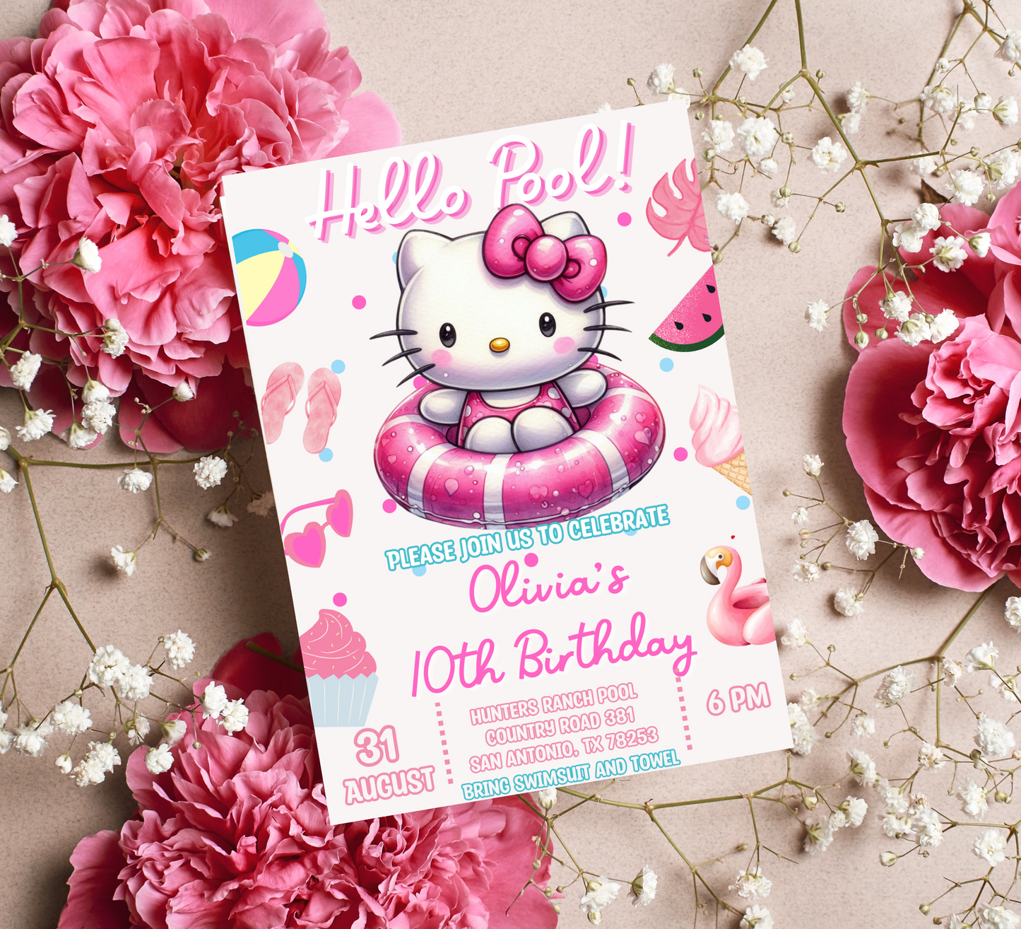 Hello Kitty Watercolor Pool Birthday Invitation | Editable Canva Template | Kawaii Summer Swim Party Invite | Printable Girls Birthday Invitation