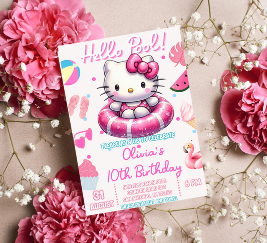 Hello Kitty Watercolor Pool Birthday Invitation | Editable Canva Template | Kawaii Summer Swim Party Invite | Printable Girls Birthday Invitation