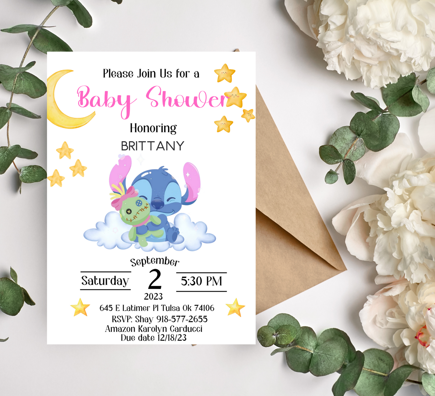 Stitch Pink Baby Shower Invitation | Cute Aloha Girl Baby Shower | Editable Canva Template