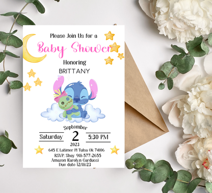 Stitch Pink Baby Shower Invitation | Cute Aloha Girl Baby Shower | Editable Canva Template