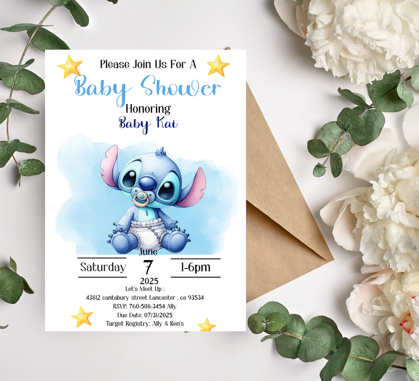 Stitch Watercolor Blue Baby Shower Invitation | Cute Boy Baby Shower Invite | Editable Canva Template | Printable Baby Shower Card