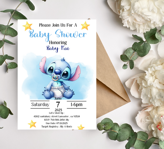 Stitch Watercolor Blue Baby Shower Invitation | Cute Boy Baby Shower Invite | Editable Canva Template | Printable Baby Shower Card
