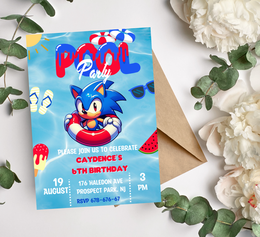 Sonic Hedgehog Pool Birthday Invitation | Summer Swim Party | Editable Canva Template