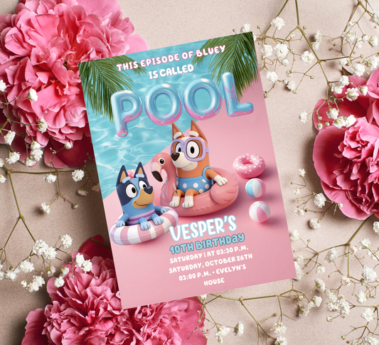 Bluey Pool Birthday Invitation – Editable Canva Template – Bluey & Bingo Swim Party Invite – Kids Summer Splash Birthday Printable – Tropical Heeler Family Pool Bash