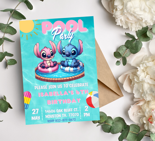 Stitch & Angel Pool Birthday Invitation 💗💙💦 | Cute Summer Swim Party | Editable Digital Template