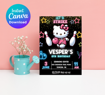 Hello Kitty Bowling Party Invitation | Editable Canva Template | Kawaii Bowling Invite | Printable Non-Birthday Party Invitation
