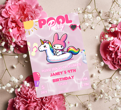 My Melody Unicorn Pool Birthday Invitation | Kawaii Pink Summer Party Invite | Editable Canva Template | Cute Sanrio Pool Birthday Printable