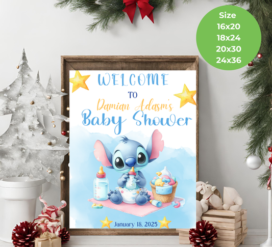 Stitch Watercolor Baby Shower Welcome Sign – Editable Canva Template – Add Your Photo! – Blue Tropical Ohana Baby Shower Decor – Soft Pastel Coastal Welcome Poster