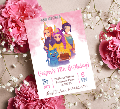 K-Pop Demon Hunters Birthday Invitation – Editable Canva Template – Rumi Mira Zoye Anime Invite – Kawaii Cyber Pop & Idol Core Party Printable