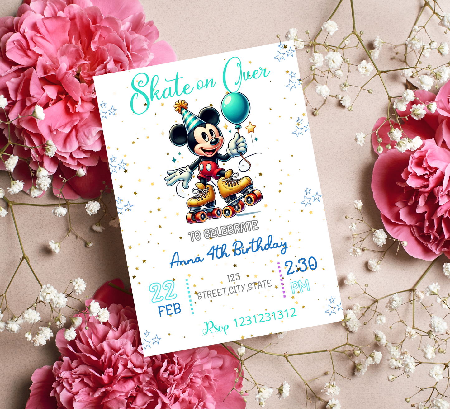 Mickey Mouse Roller Skating Birthday Invitation | Retro Skating Party | Editable Canva Template | Printable Kids Birthday Invite