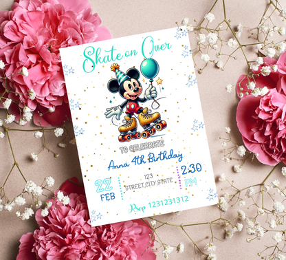 Mickey Mouse Roller Skating Birthday Invitation | Retro Skating Party | Editable Canva Template | Printable Kids Birthday Invite