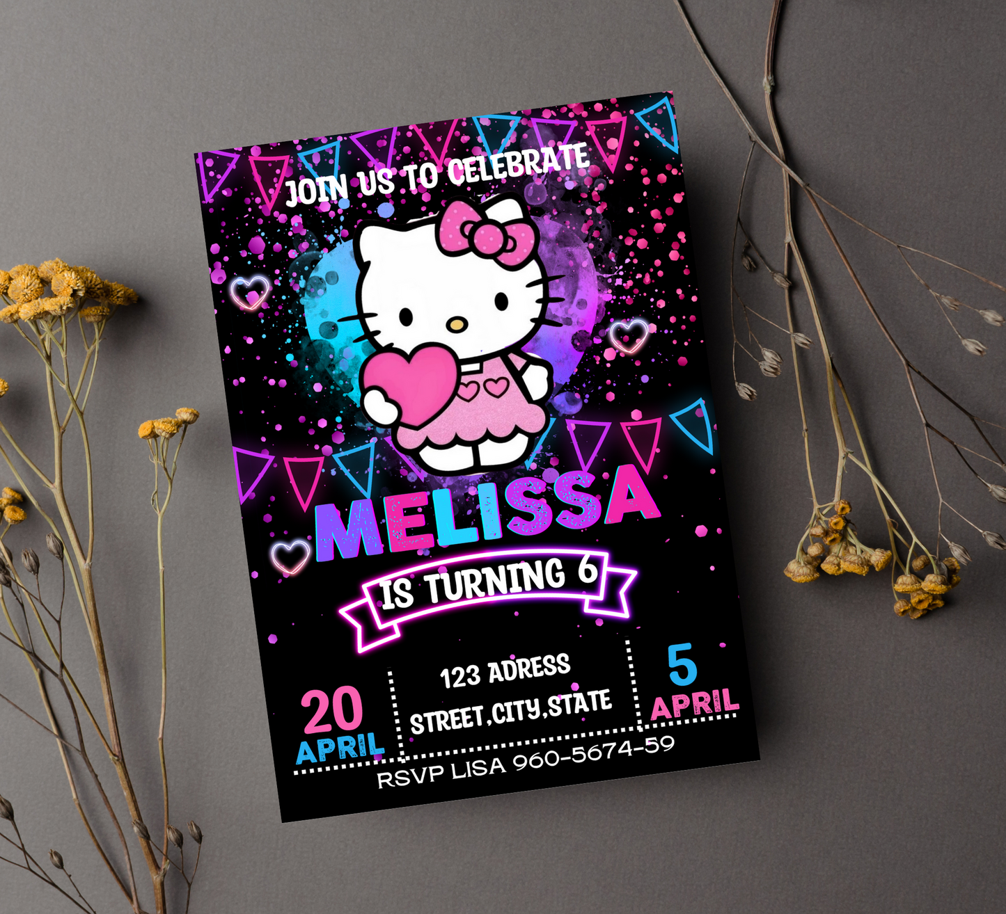Hello Kitty Neon Birthday Invitation | Kawaii Glow Party Invite | Editable Canva Template | Cute Bright Printable Girls Birthday Invitation