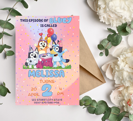 Bluey Pink Gradient Birthday Invitation | Cute Girls Party Invite | Editable Canva Template