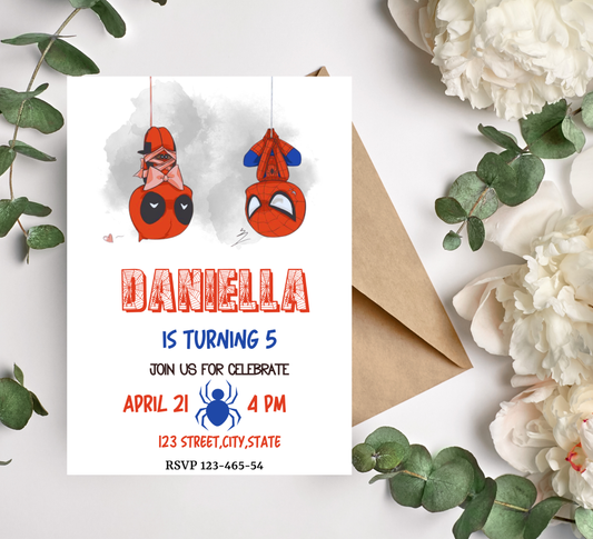 Spiderman & Deadpool Birthday Invitation | Superhero Comic Party | Editable Canva Template