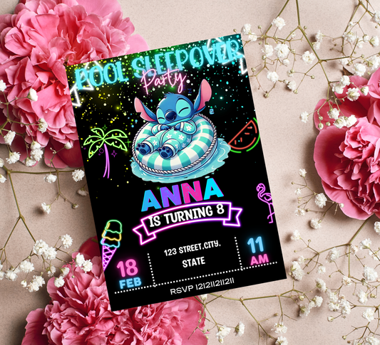 Neon Stitch Pool Party & Sleepover Invitation | Glow in the Dark Birthday | Editable Canva Template | Tropical Night Swim Invite