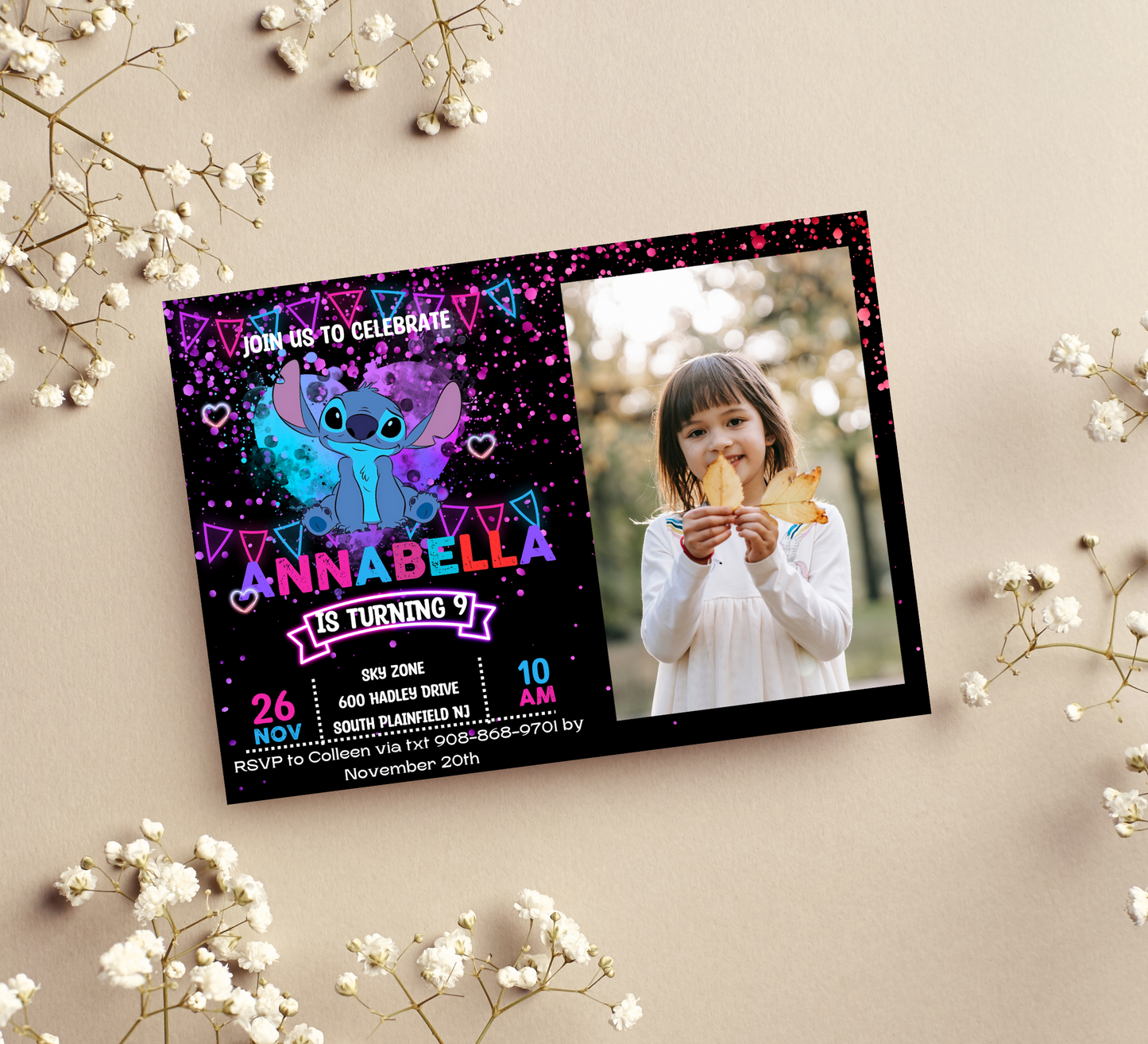 Stitch Neon Birthday Invitation with Photos | Editable Canva Template | Glow Party Invite | Printable Kids Birthday Invitation