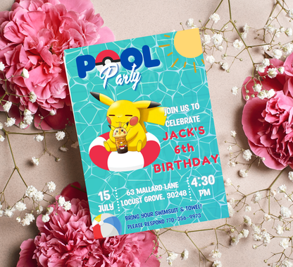 Pikachu Pool Pokémon Birthday Invitation | Summer Swim Party | Editable Canva Template