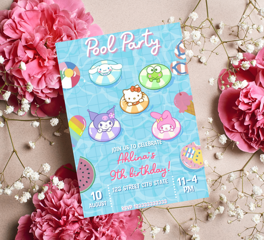 Kawaii Hello Kitty & Friends Watercolor Pool Birthday Invitation | Editable Canva Template | Cute Printable Girls Summer Party Invite