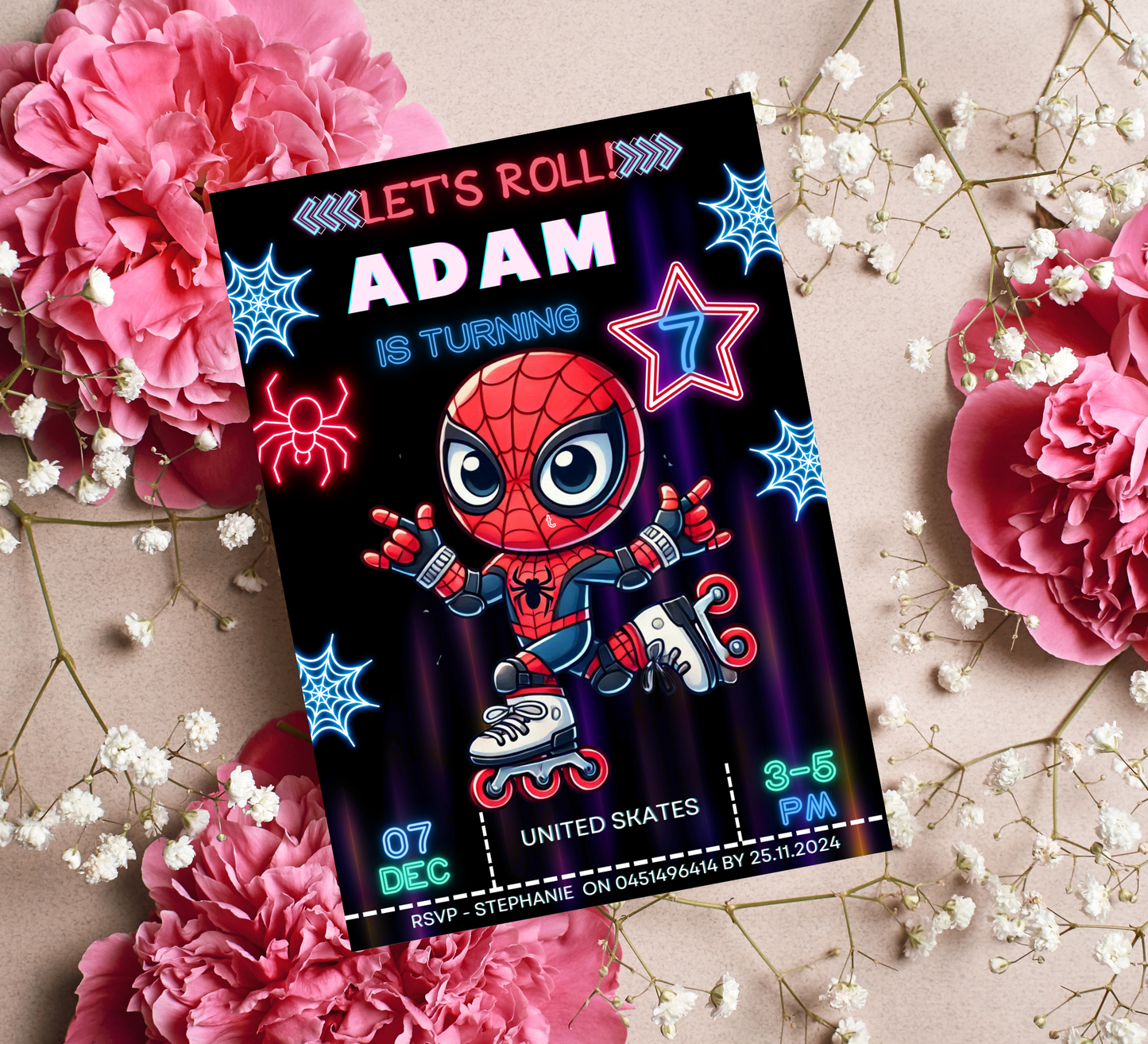 Spider-Man Roller Skating Neon Birthday Invitation | Editable Canva Template | Glow Party Kids Birthday Invite | Printable Superhero Party Invitation