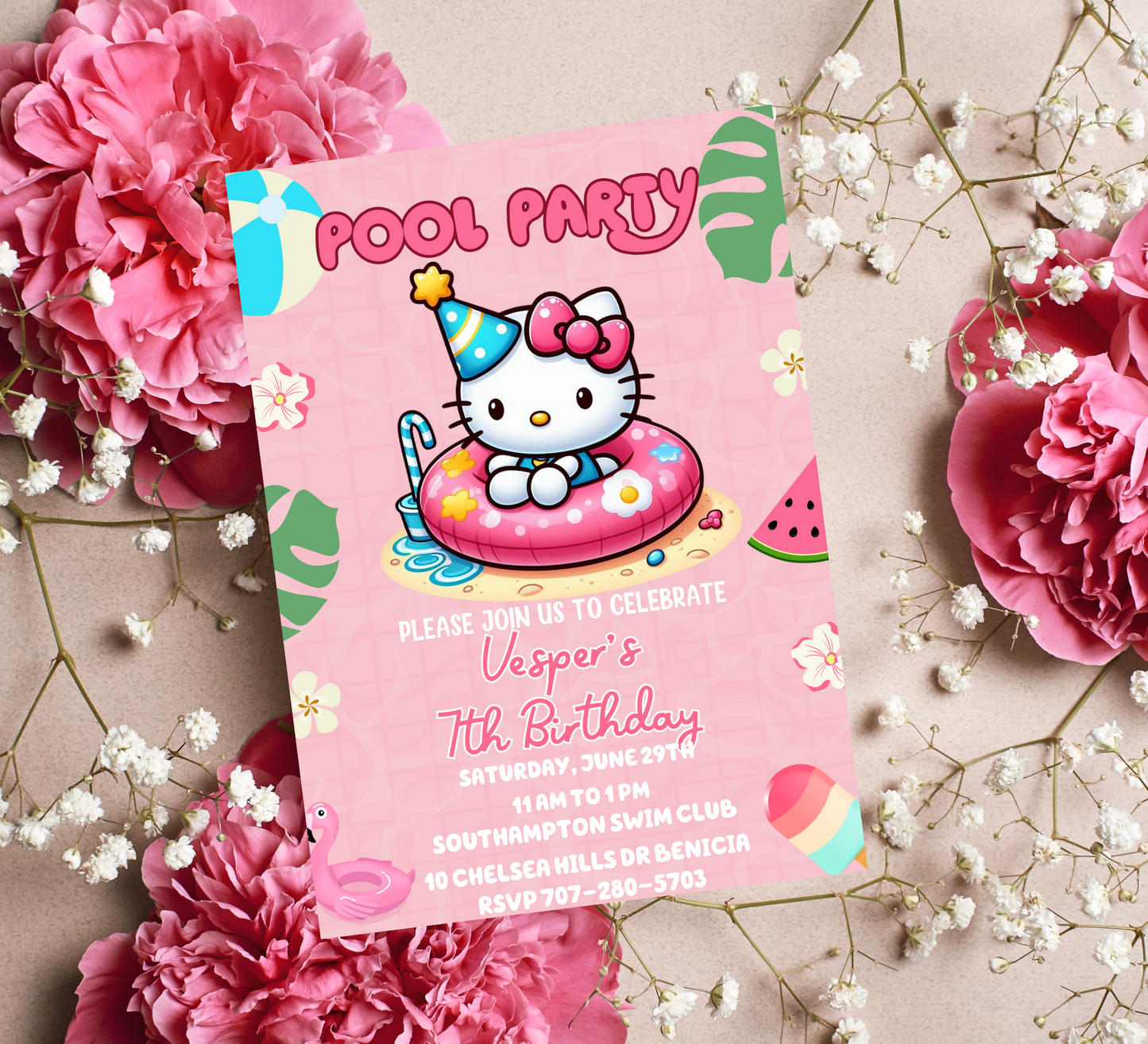 Hello Kitty Pool Pink Birthday Invitation | Editable Summer Pool Party Invite for Girls | Cute & Customizable Hello Kitty Template