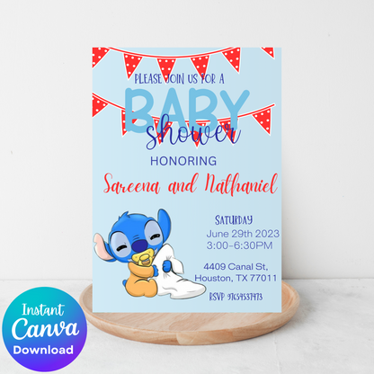 Stitch Blue Baby Shower Invitation | Editable Canva Template | Boy or Gender-Neutral Baby Shower Invite | Printable Baby Shower Invitation