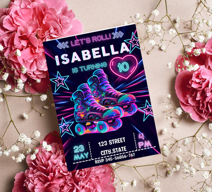 Neon Roller Skating Birthday Invitation 🛼✨ | Glow Skate Party Invite | Editable Canva Template