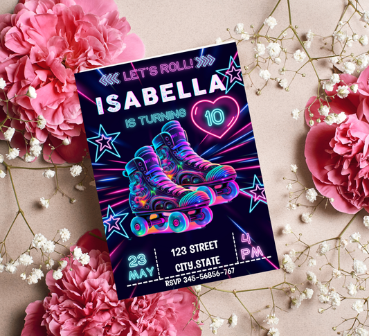 Neon Roller Skating Birthday Invitation 🛼✨ | Glow Skate Party Invite | Editable Canva Template