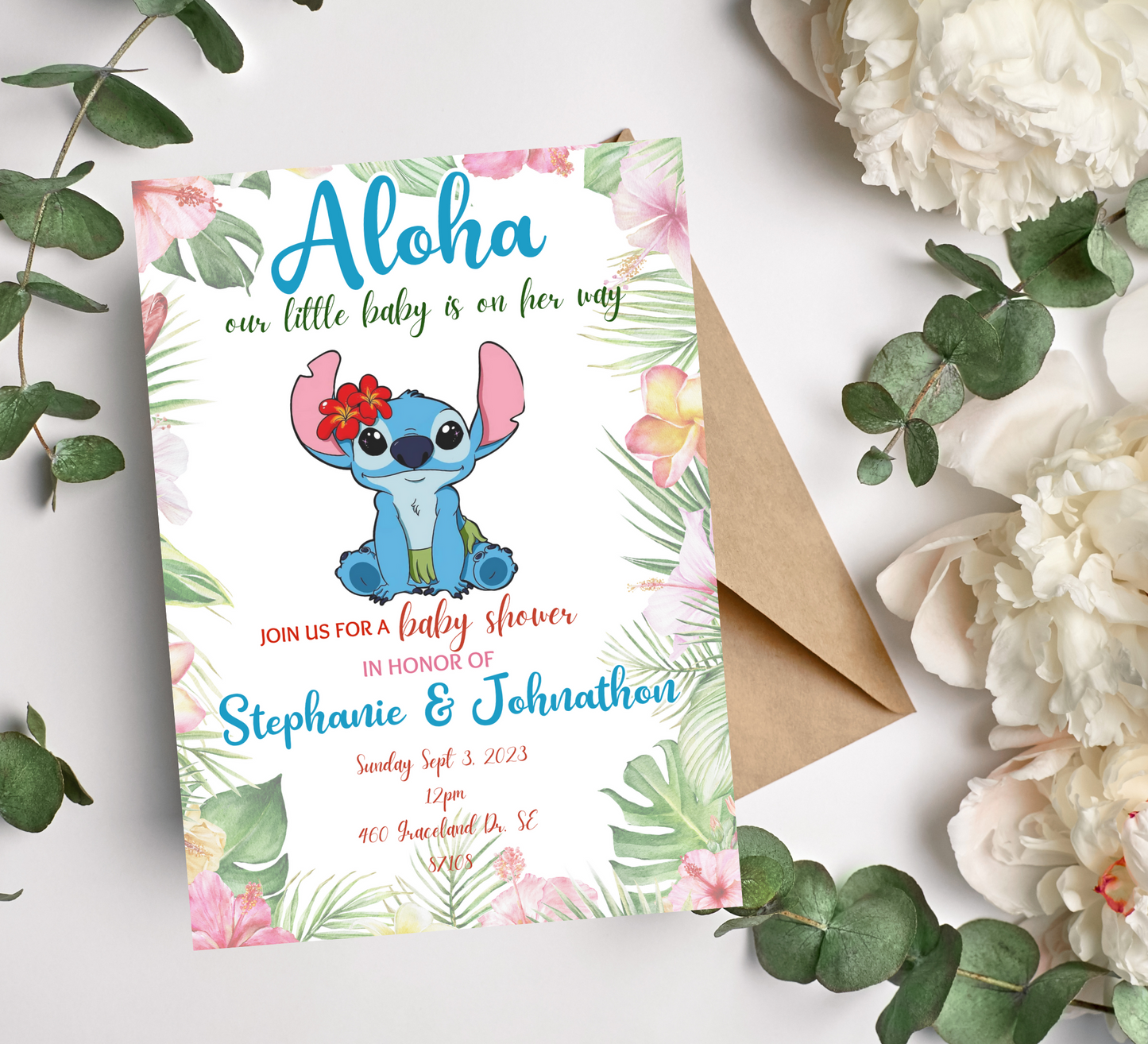Stitch Blue Tropical Aloha Baby Shower Invitation | Editable Canva Template | Hawaiian Baby Shower Invite | Printable Island Theme Baby Shower